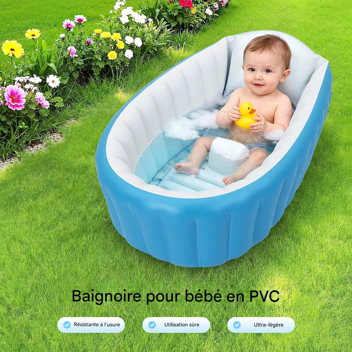 Baignoire bébé gonflable utilisée à l’extérieur dans un jardin
