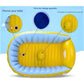 Vue de dessus baignoire gonflable jaune montrant bonde et coussin central