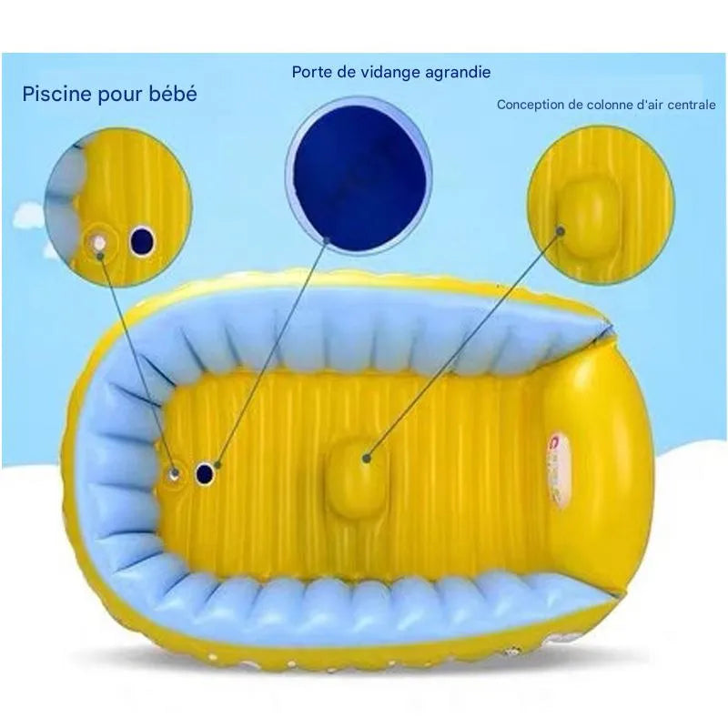 Vue de dessus baignoire gonflable jaune montrant bonde et coussin central