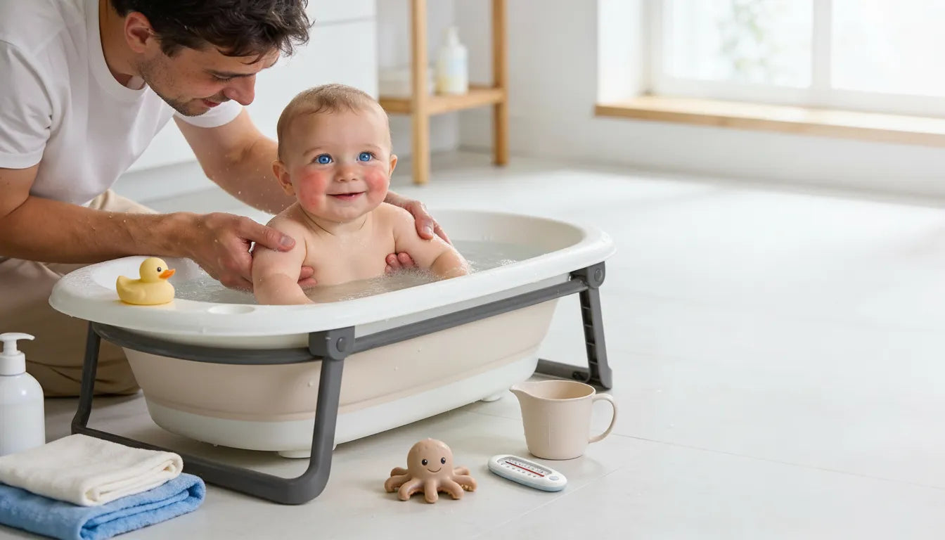  Papa faisant le bain de son petit bébé dans la baignoire bébé avec support stable