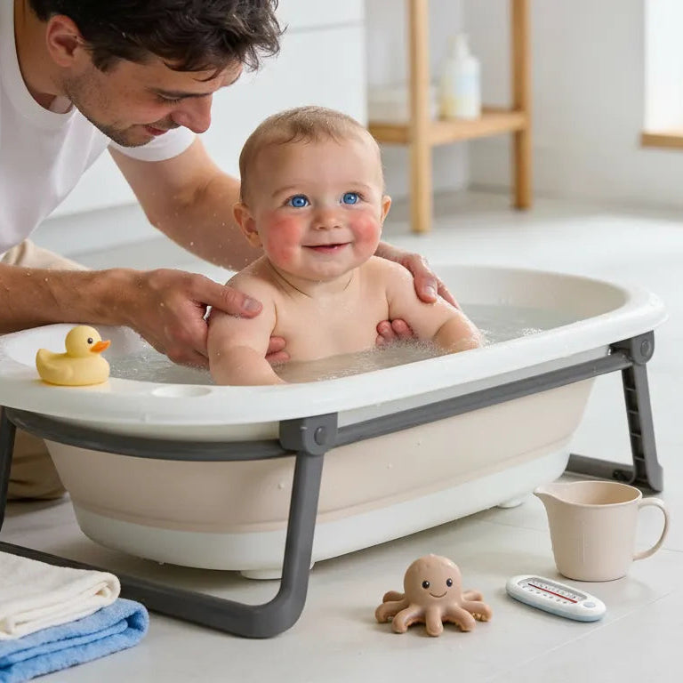  Papa faisant le bain de son petit bébé dans la baignoire bébé avec support stable