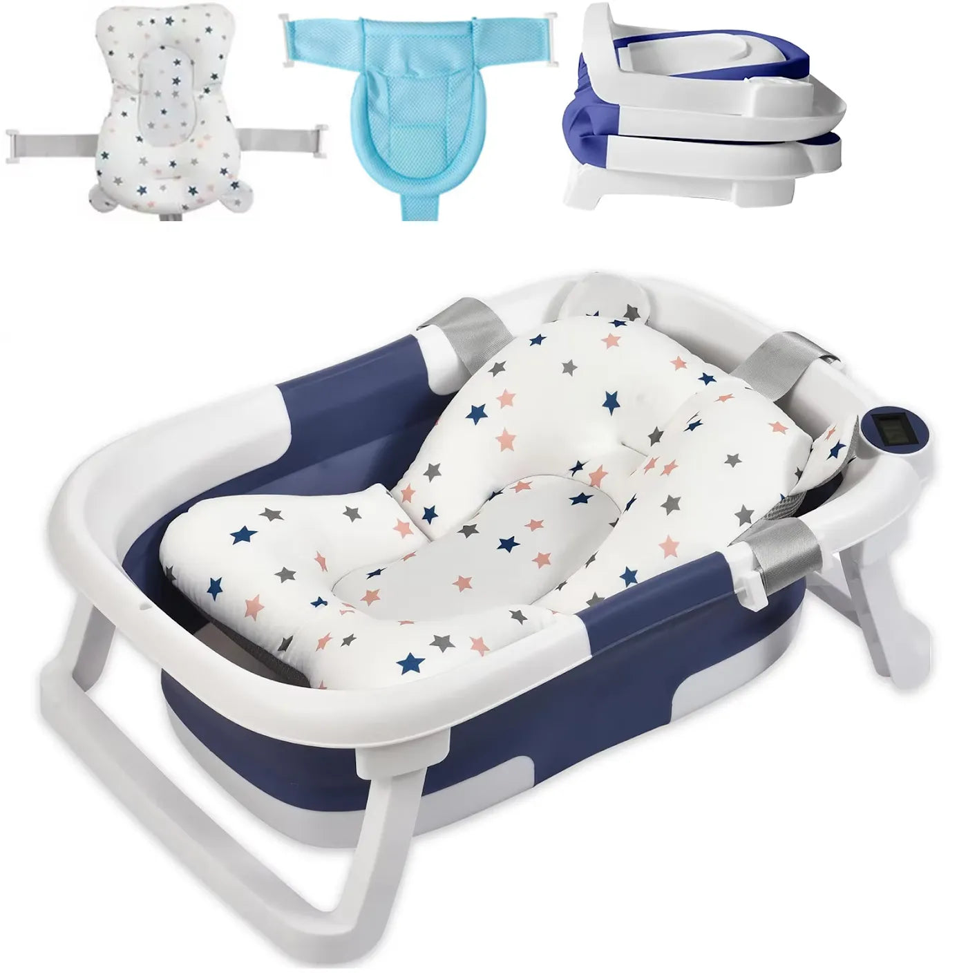 Baignoire pour bébé pliable avec coussin épuré de couleur bleu.