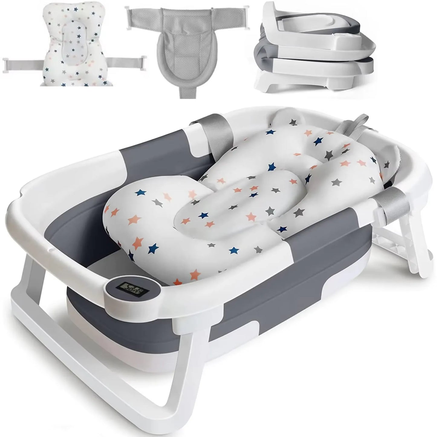 Baignoire pour bébé pliable avec coussin épuré de couleur grise.