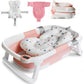 Baignoire pour bébé pliable avec coussin épuré de couleur rose.