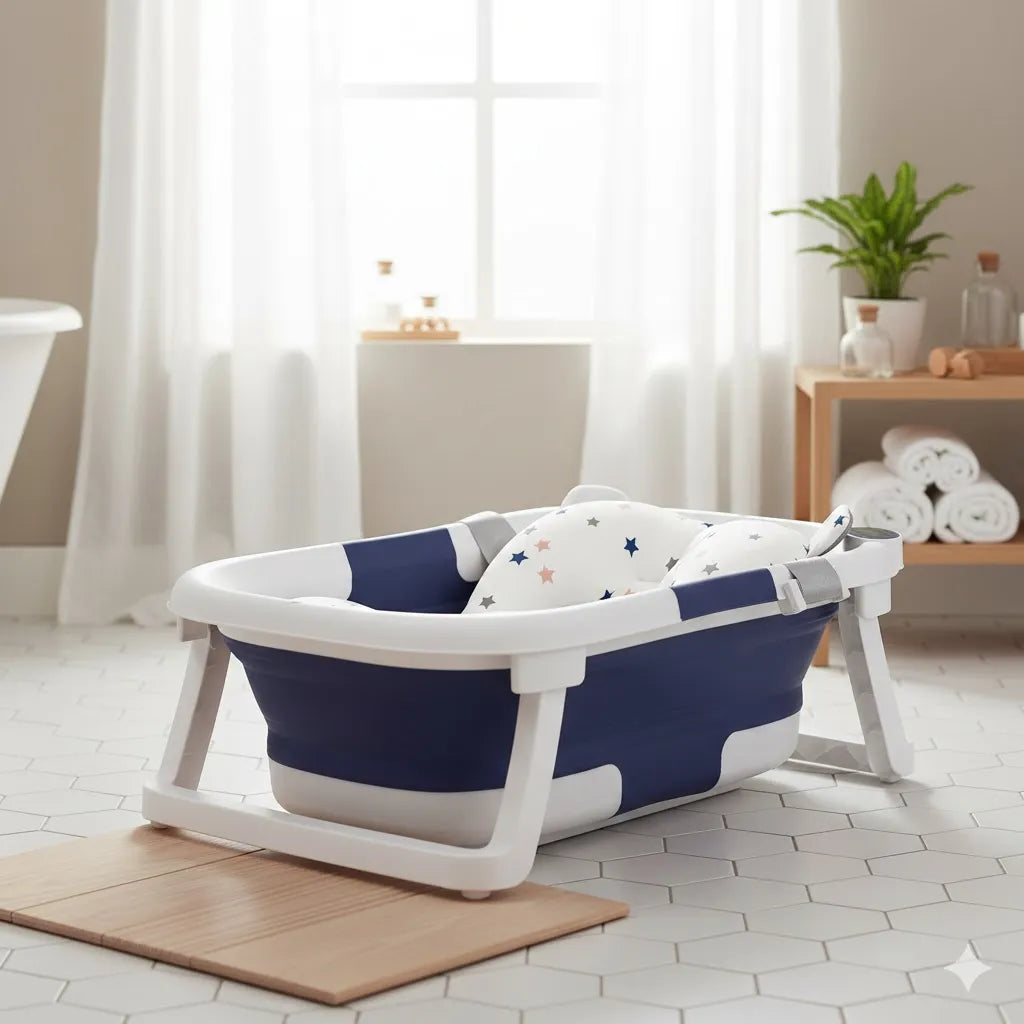 Baignoire bébé pliable, coussin épuré pour la salle de bains.
