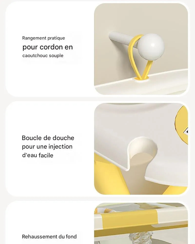 Détail rangement cordon caoutchouc et boucle de remplissage baignoire bébé pliable