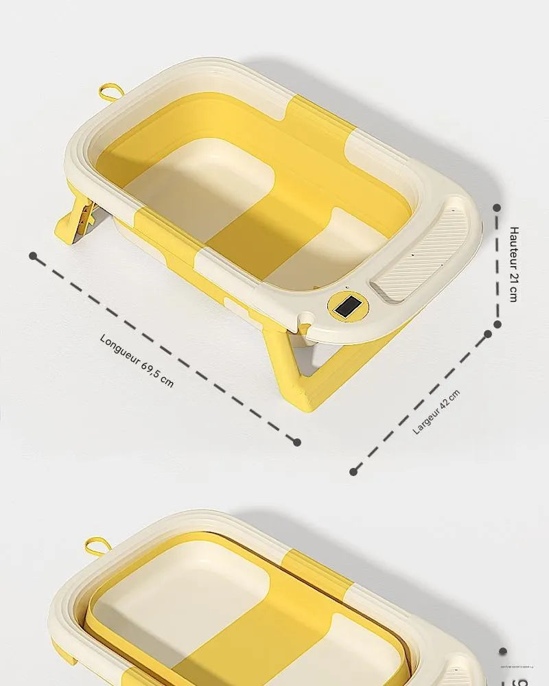 Baignoire bébé pliable jaune avec dimensions 69,5 × 42 × 21 cm dépliée