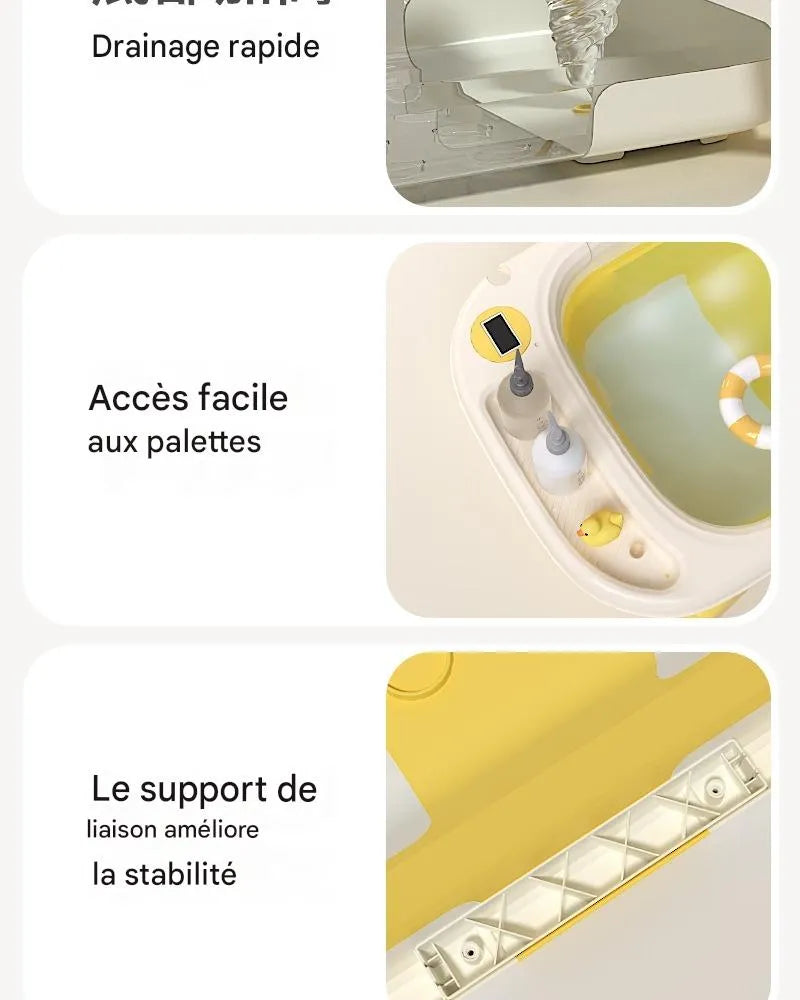 Détail drainage rapide accès palette et support stabilité baignoire bébé pliable