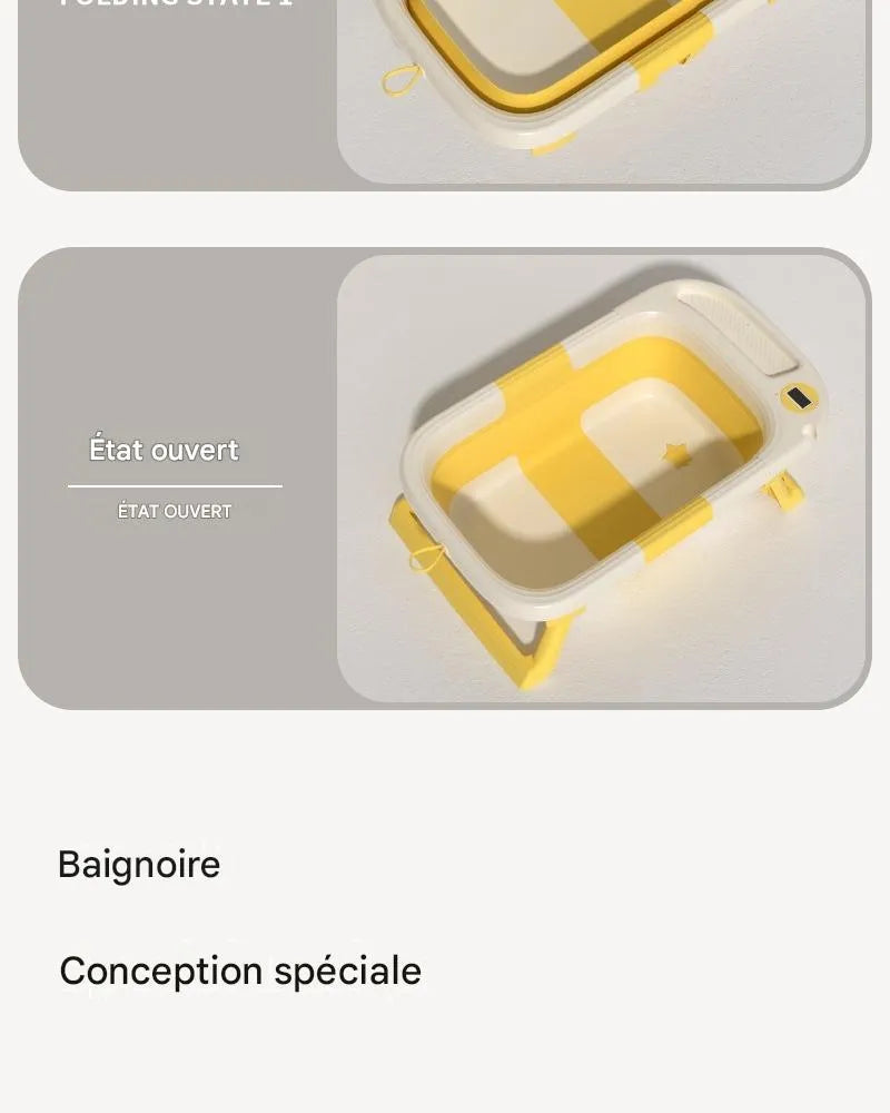Baignoire bébé pliable jaune état ouvert et état plié comparaison