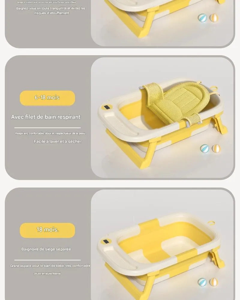 Baignoire bébé pliable jaune avec filet de bain respirant pour bébé 6 à 18 mois
