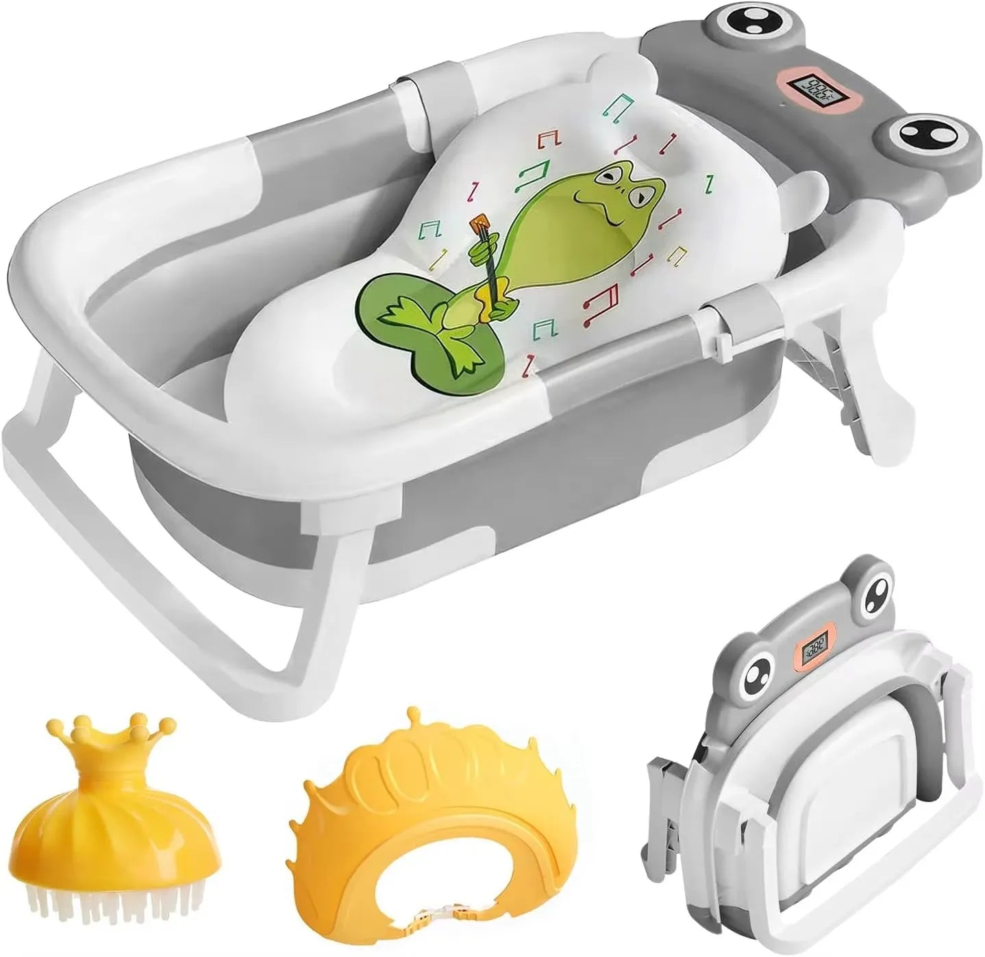 Baignoire bébé pliable grenouille  couleur grise avec coussin et thermomètre intégré
