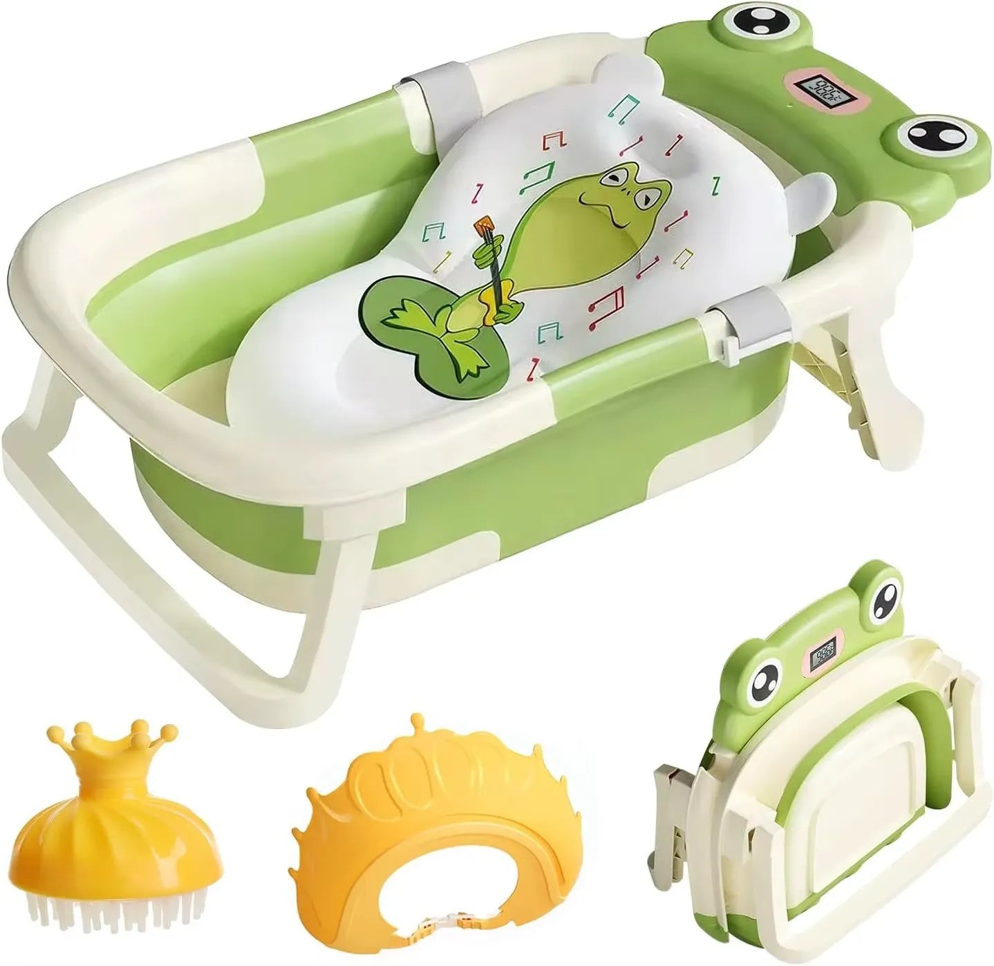 Baignoire bébé pliable grenouille  couleur verte avec coussin, thermomètre et accessoires