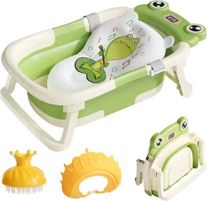 Baignoire bébé pliable grenouille  couleur verte avec coussin, thermomètre et accessoires