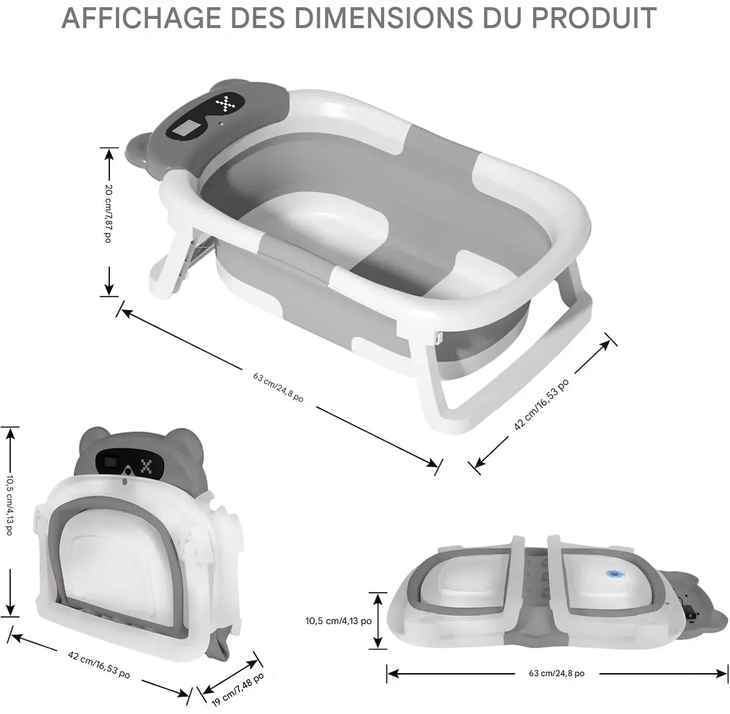 Dimensions complètes de la baignoire bébé pliable panda