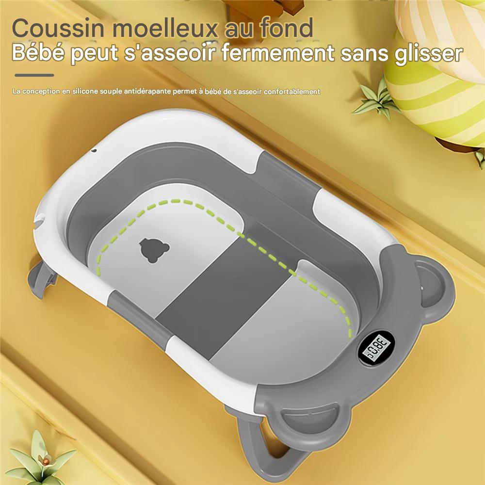 Vue latérale d’une baignoire bébé pliable montrant la profondeur du bain