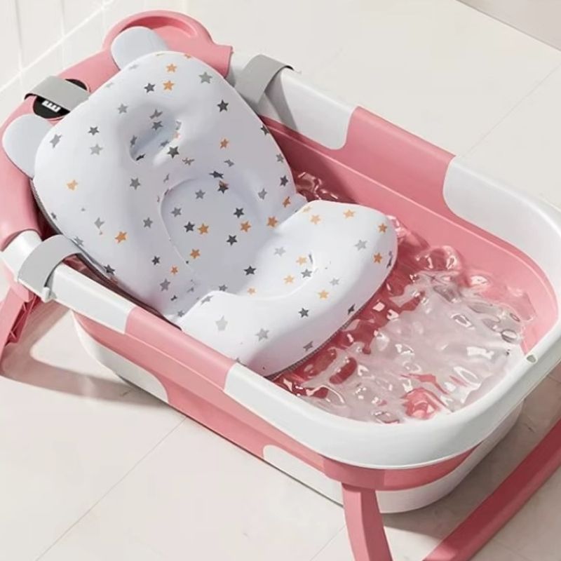 Baignoire bébé pliable rose forme ours avec coussin