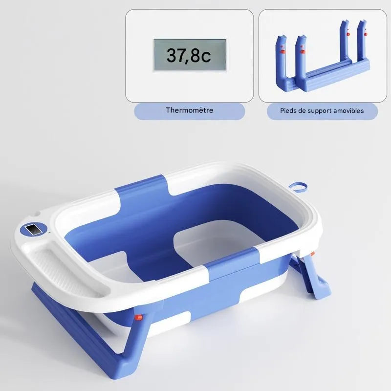 Baignoire bébé pliable bleue avec thermomètre digital 37,8°C et pieds amovibles