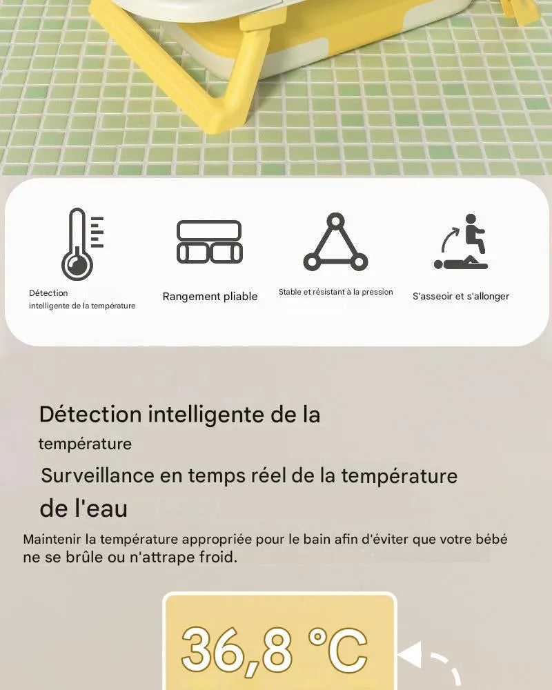 Baignoire bébé pliable jaune avec thermomètre digital et plages de température