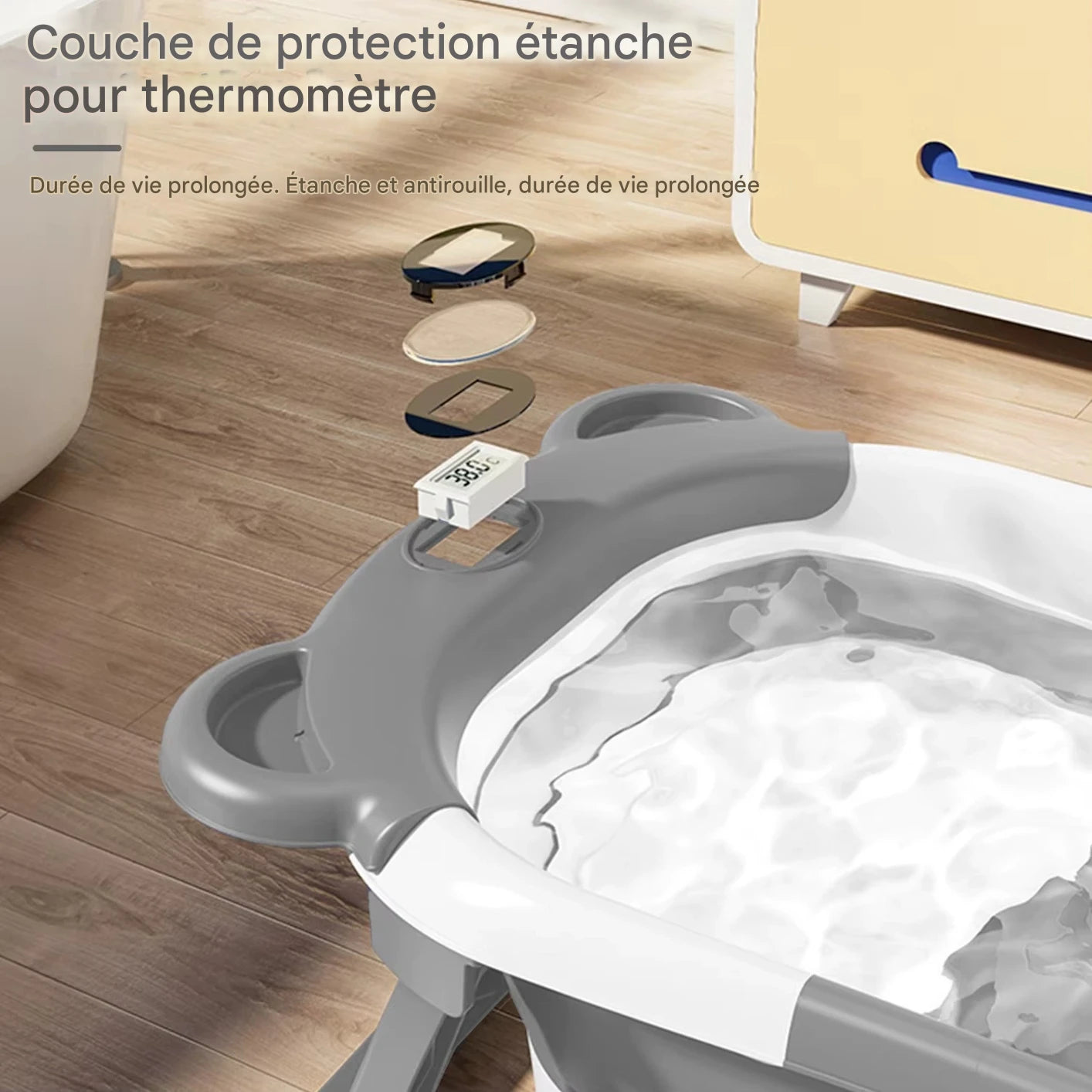 Baignoire bébé pliable avec thermomètre intégré, design ours, 