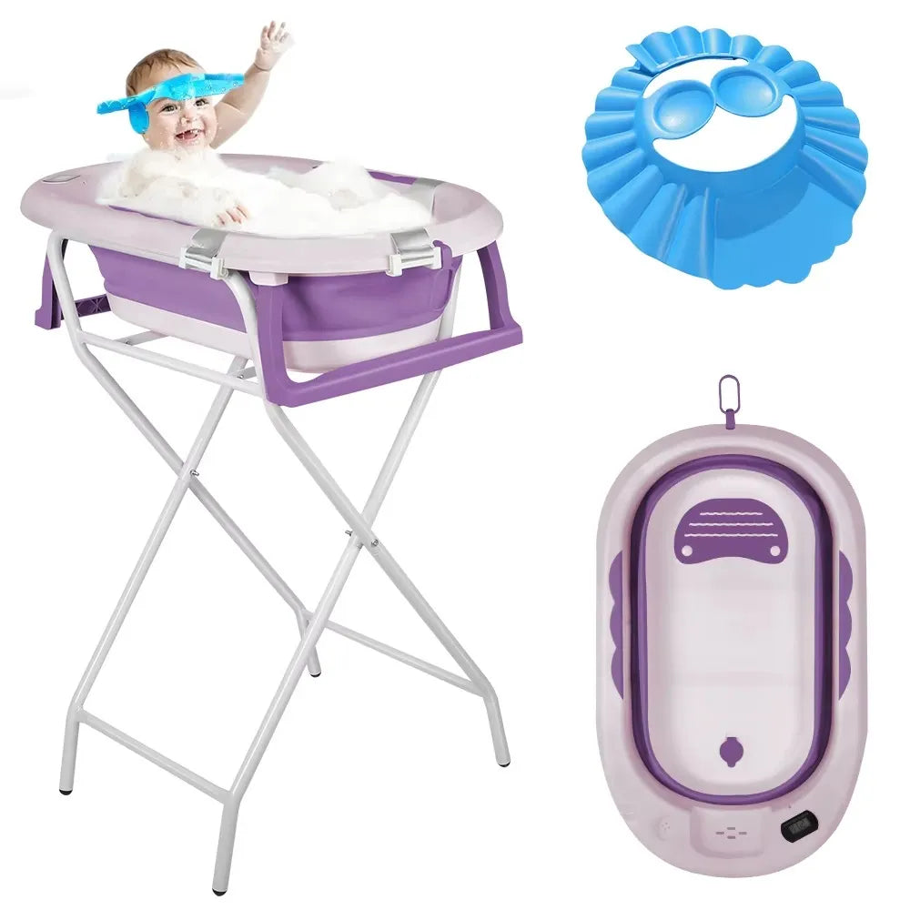 Baignoire bébé sur pied pliable avec support, visière de bain et vue du pliage
