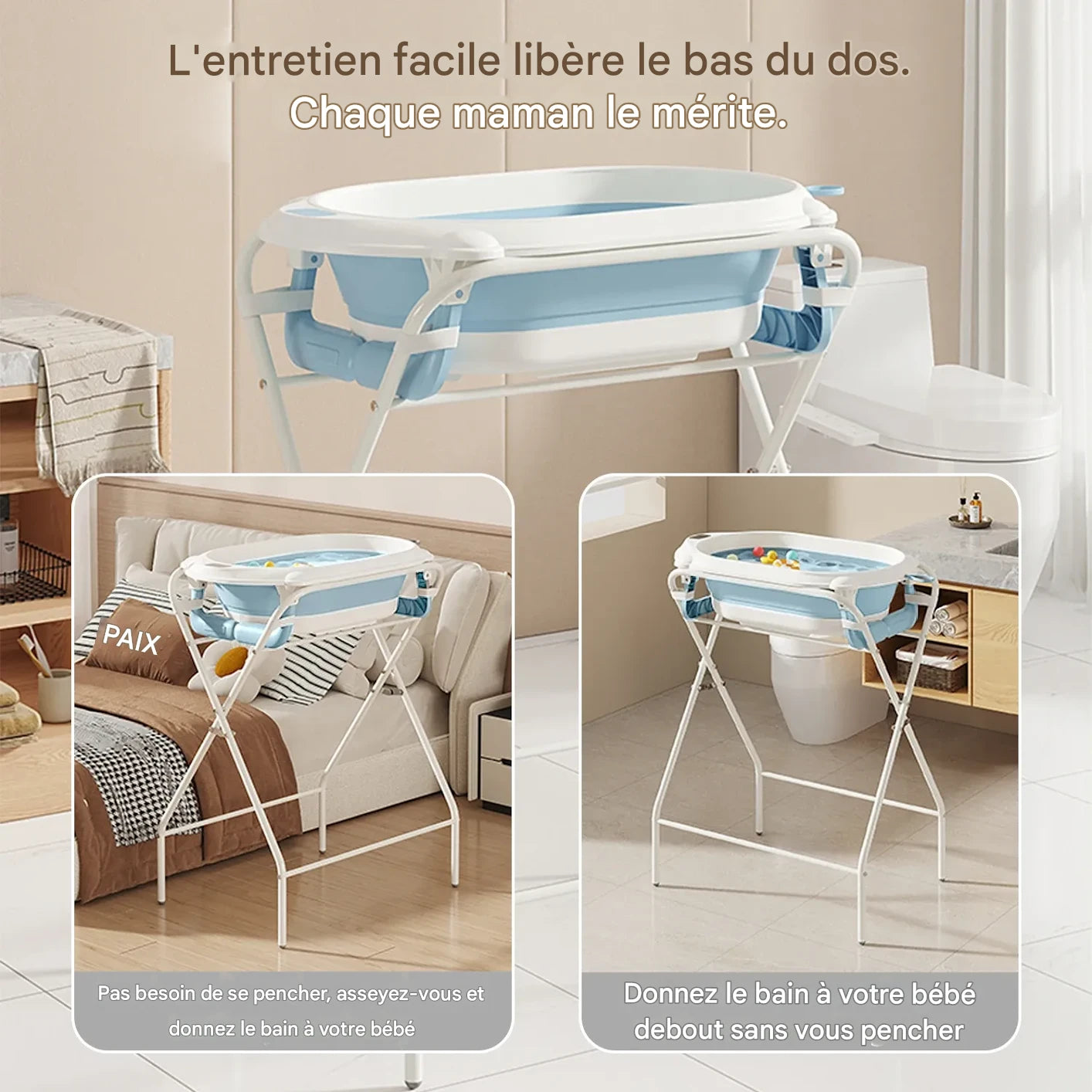 Baignoire bébé sur pied 3 en 1 dans différentes pièces