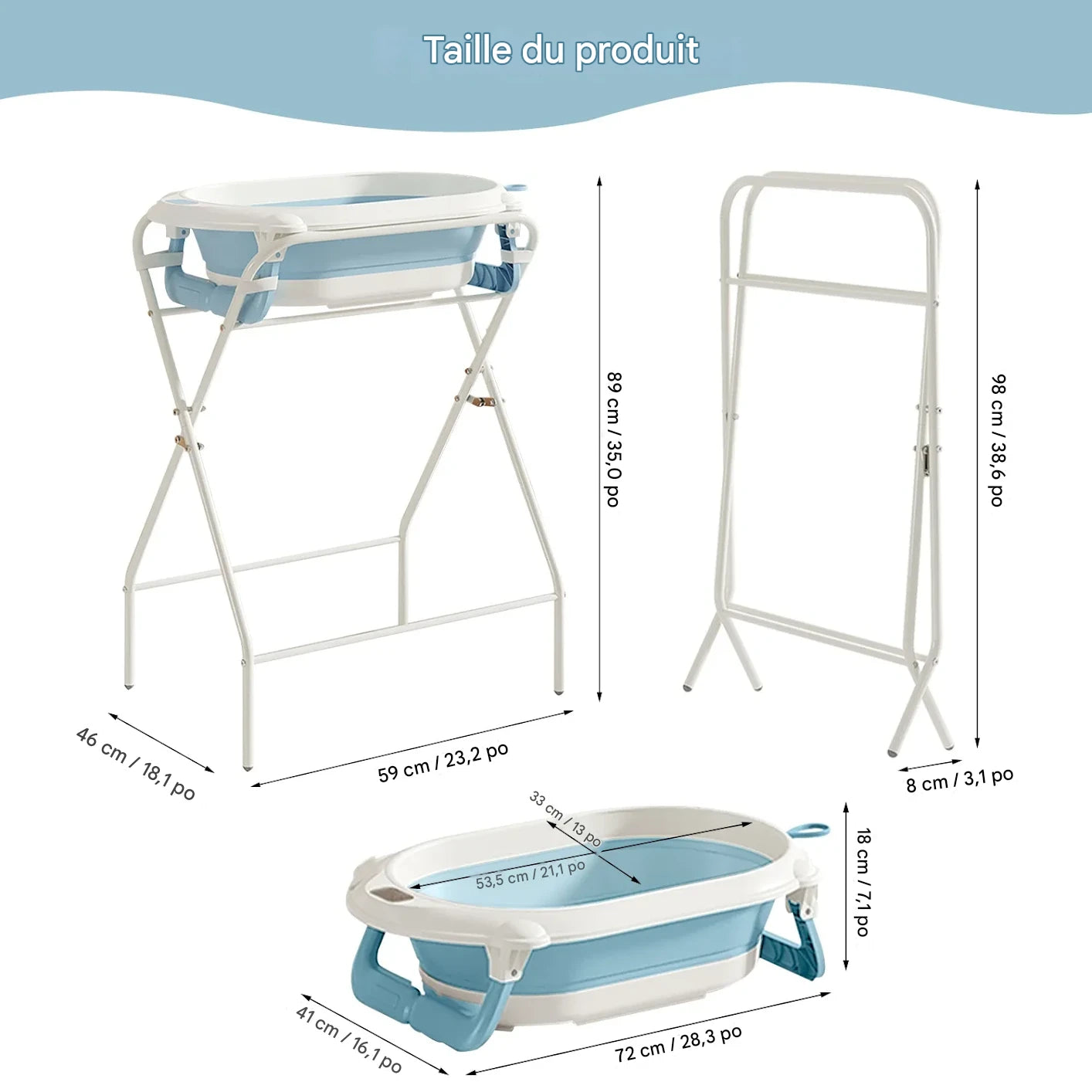 Dimensions des  trois parties baignoire bébé sur pied