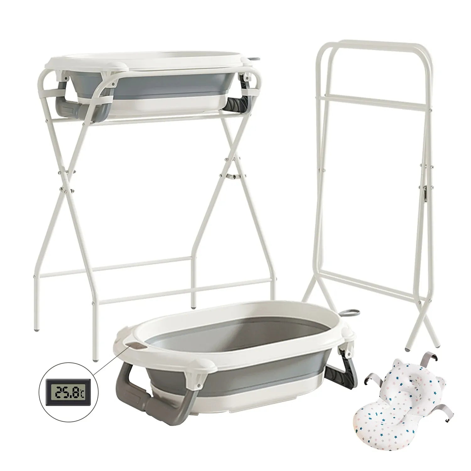 Baignoire bébé sur pied 3 en 1 et ses différentes parties gris