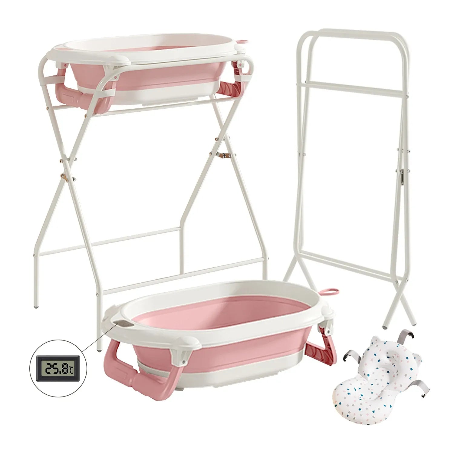 Baignoire bébé sur pied 3 en 1 et ses différentes parties rose