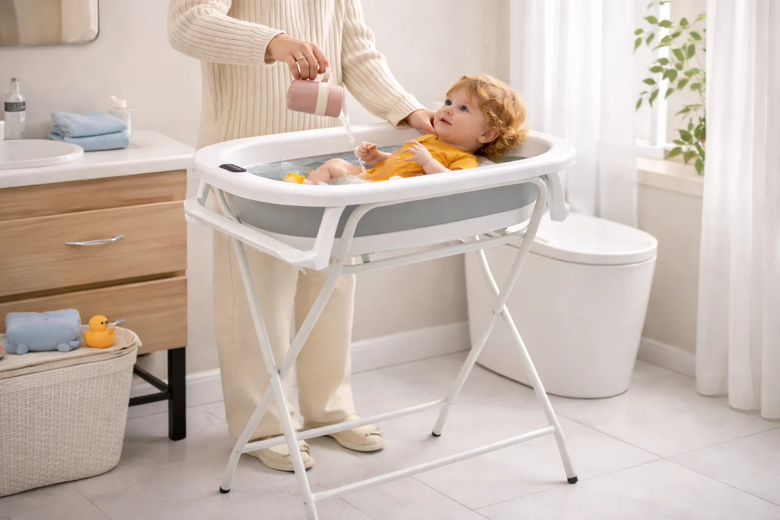  Maman faisant le bain de son bébé dans une baignoire bébé sur pied avec support