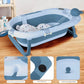 Baignoire bébé bleue avec support pliable, coussin de maintien et thermomètre intégré