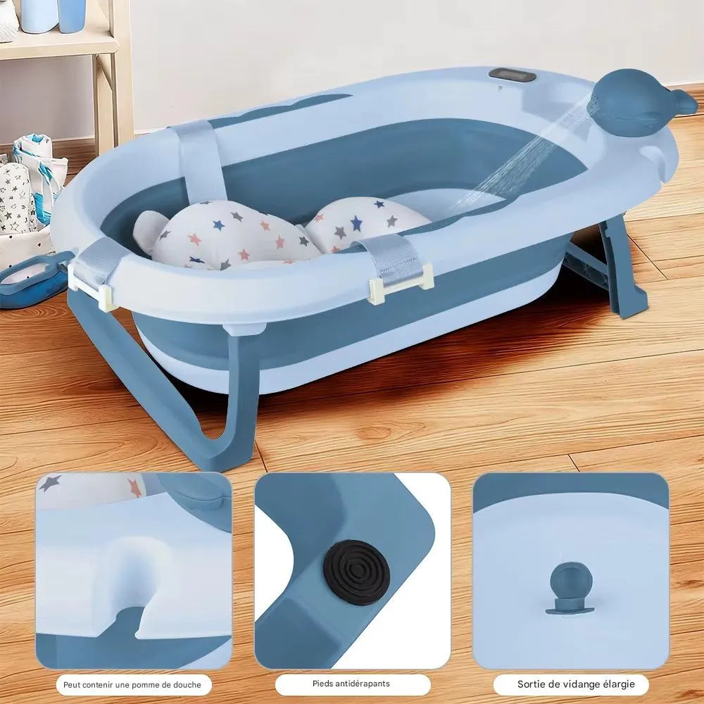 Baignoire bébé bleue avec support pliable, coussin de maintien et thermomètre intégré