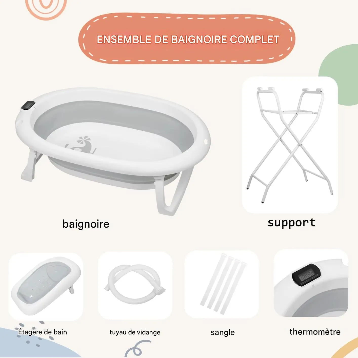 Baignoire bébé sur pied pliable avec transat, support, thermomètre et système de vidange
