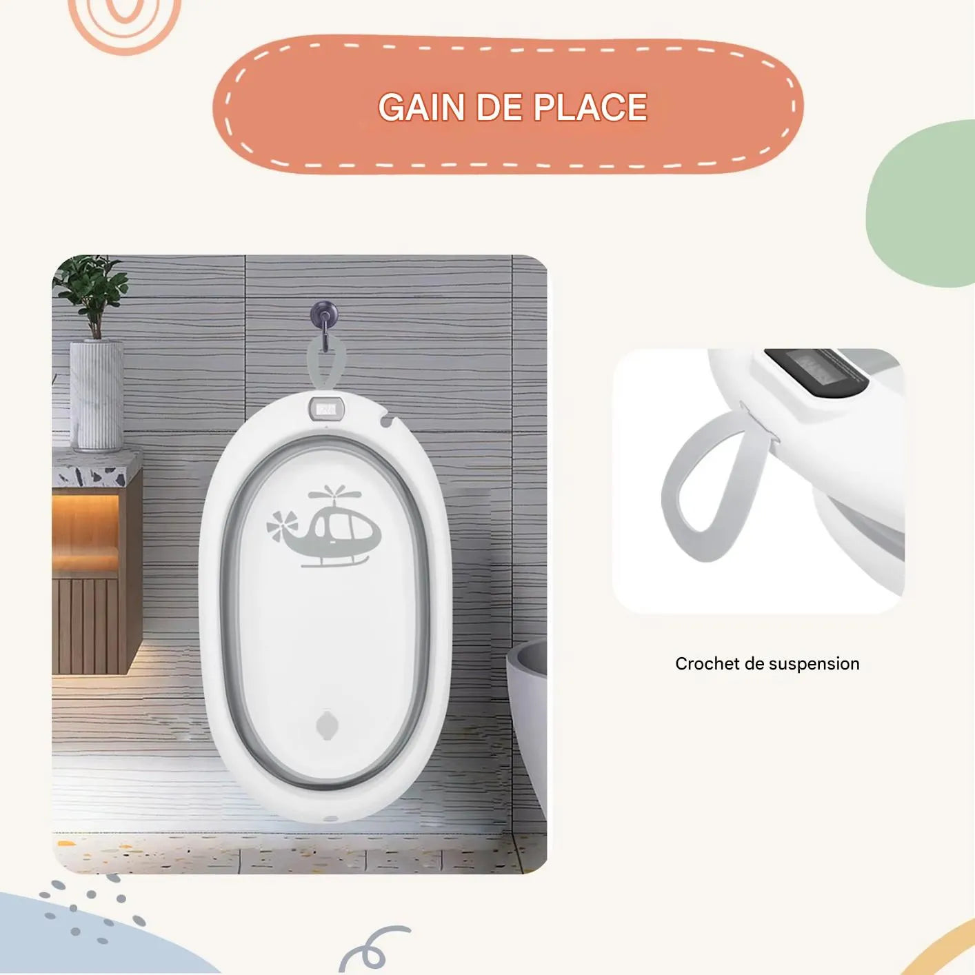 Baignoire bébé sur pied pliable rangée en position verticale pour gain de place