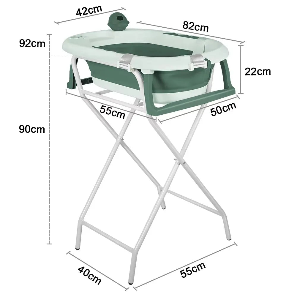 Version verte de la baignoire bébé sur pied pliable avec dimensions