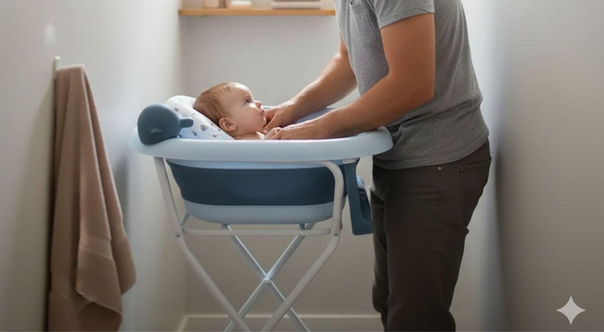 Parent donnant le bain à son bébé dans une petite salle de bain, moment calme et sécurisé avec une baignoire bébé stable
