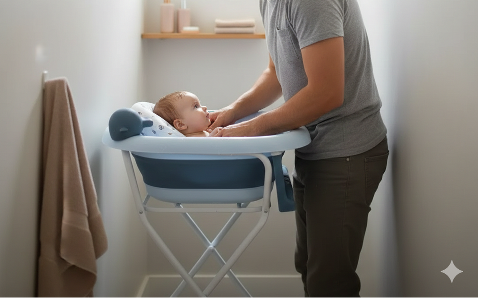  Parent donnant le bain à son bébé dans une petite salle de bain, moment calme et sécurisé avec une baignoire bébé stable
