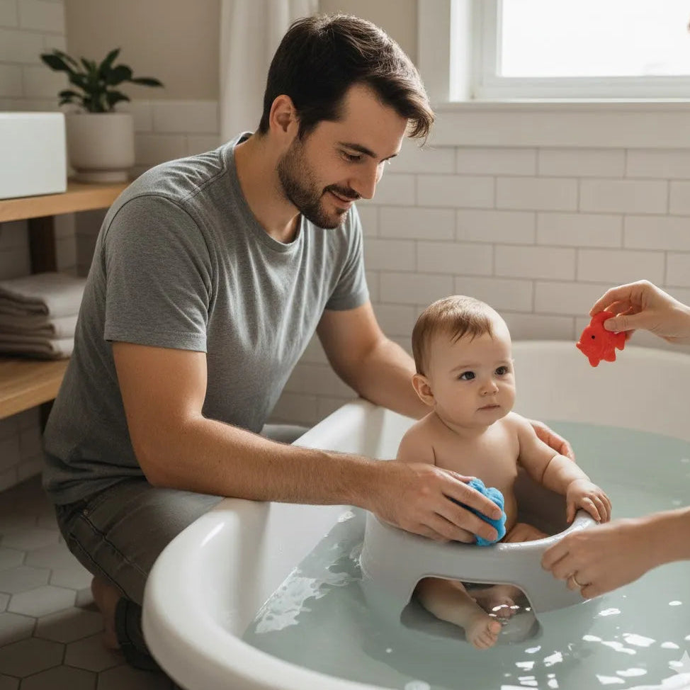 Parent donnant le bain à bébé dans une salle de bain compacte, avec une organisation adaptée à l’espace et au quotidien.