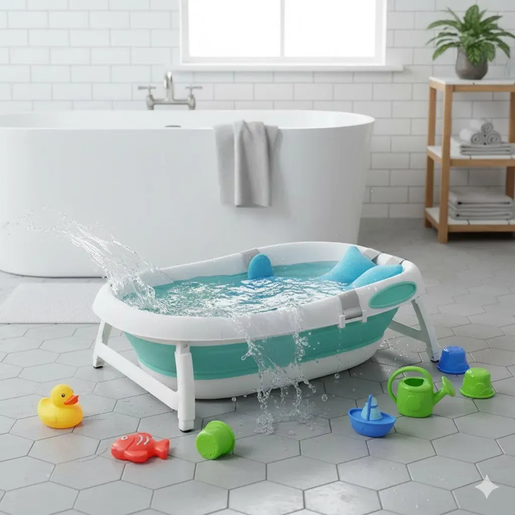 Coussin de baignoire bébé enveloppant cocon de bain coloris bleu dans une baignoire