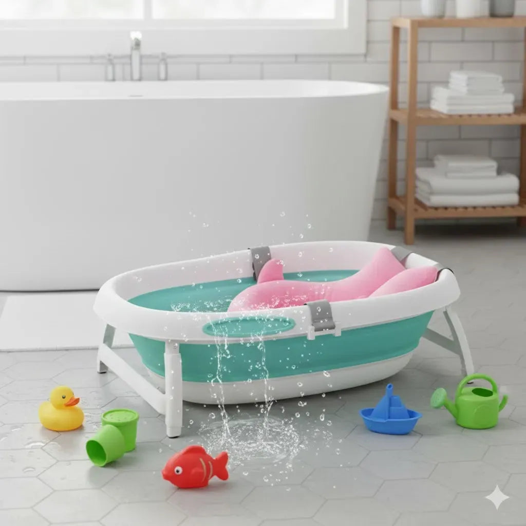 Coussin de baignoire bébé enveloppant cocon de bain coloris rose dans une baignoire