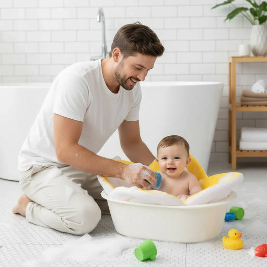 bébé installé sur un coussin de baignoire bébé réconfortant fleur douce dans une baignoire
