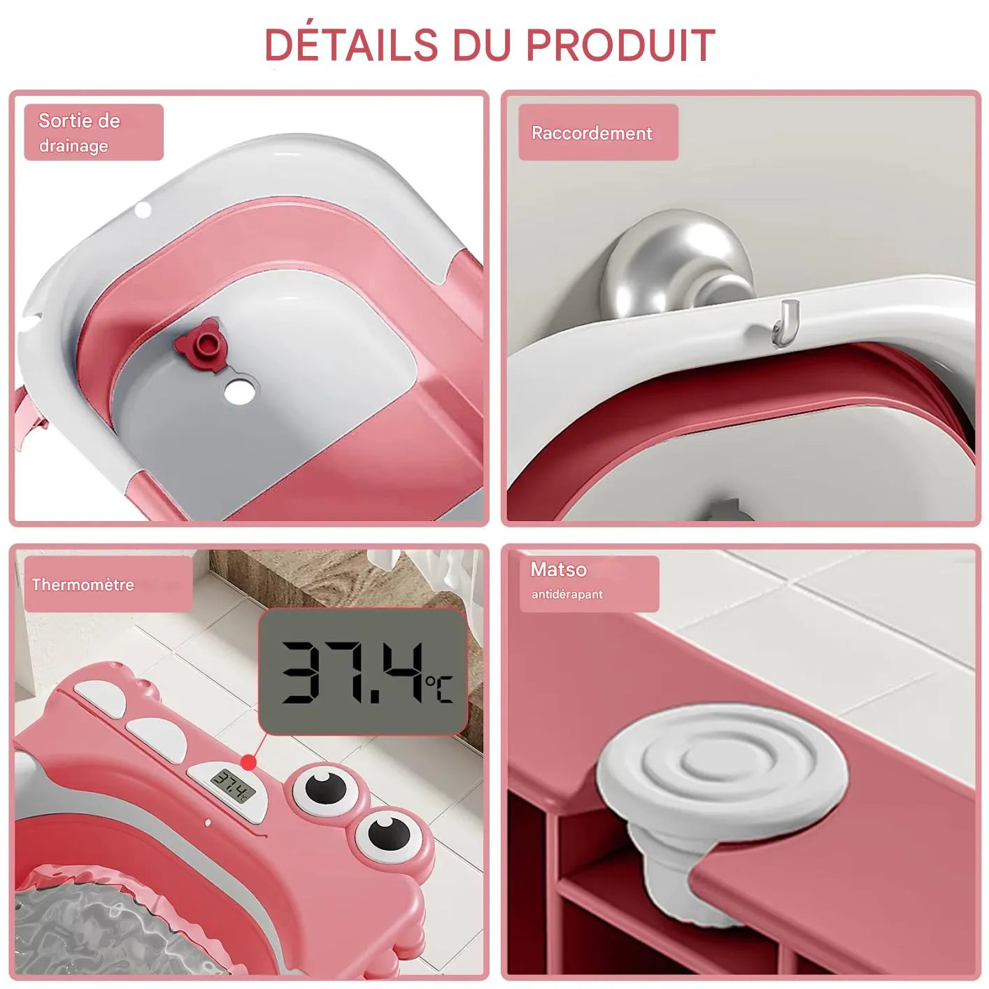 Détails de la baignoire bébé pliable avec thermomètre intégré et système de drainage