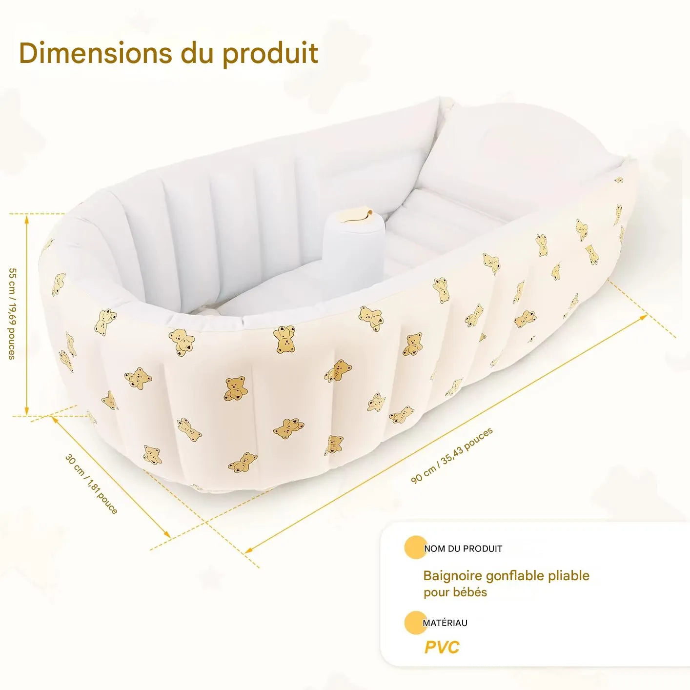 Dimensions de la baignoire bébé gonflable avec pompe intégrée, longueur 90 cm largeur 55 cm