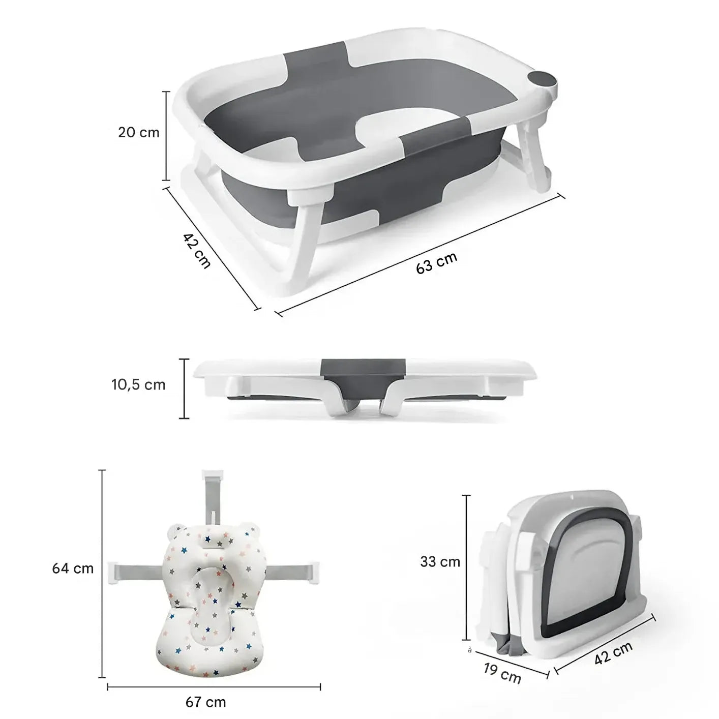 Dimensions de la baignoire bébé pliable une fois ouverte et pliée