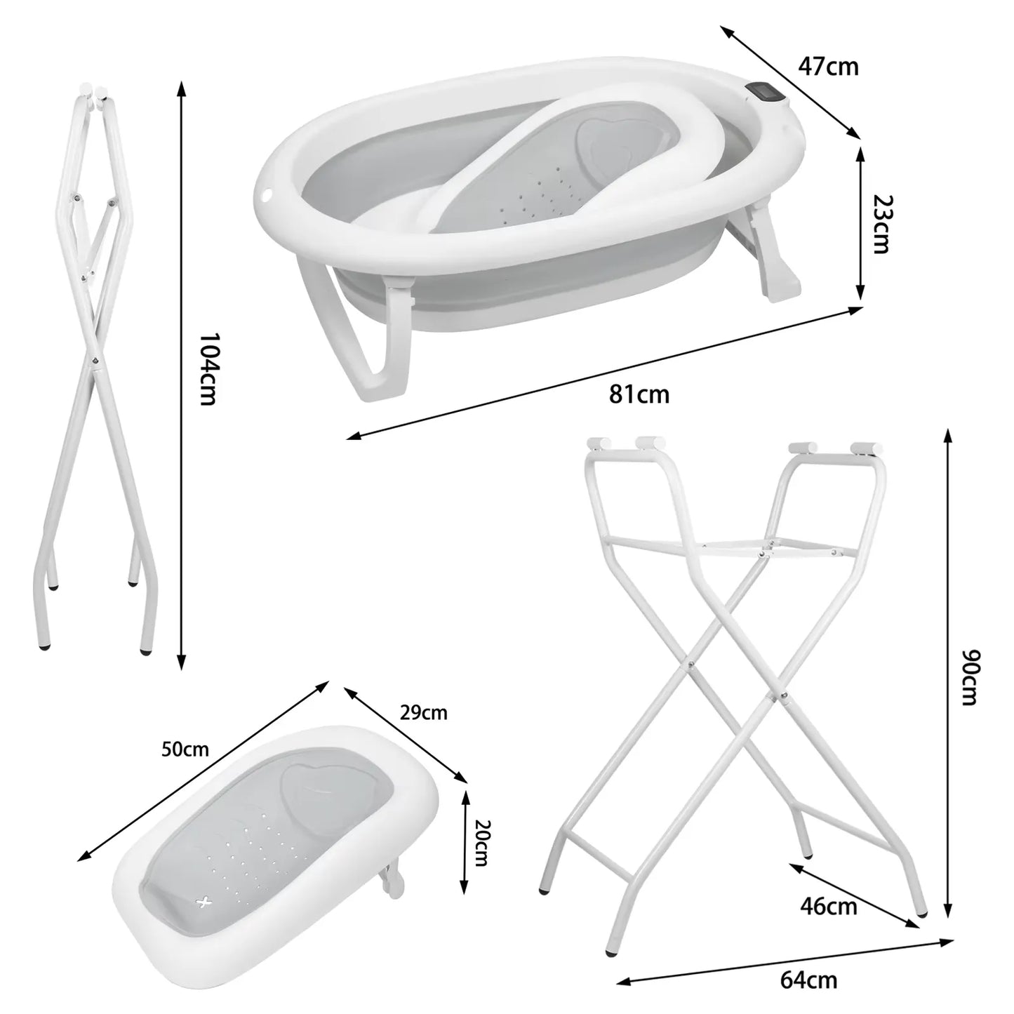 Dimensions de la baignoire bébé sur pied pliable et de son support