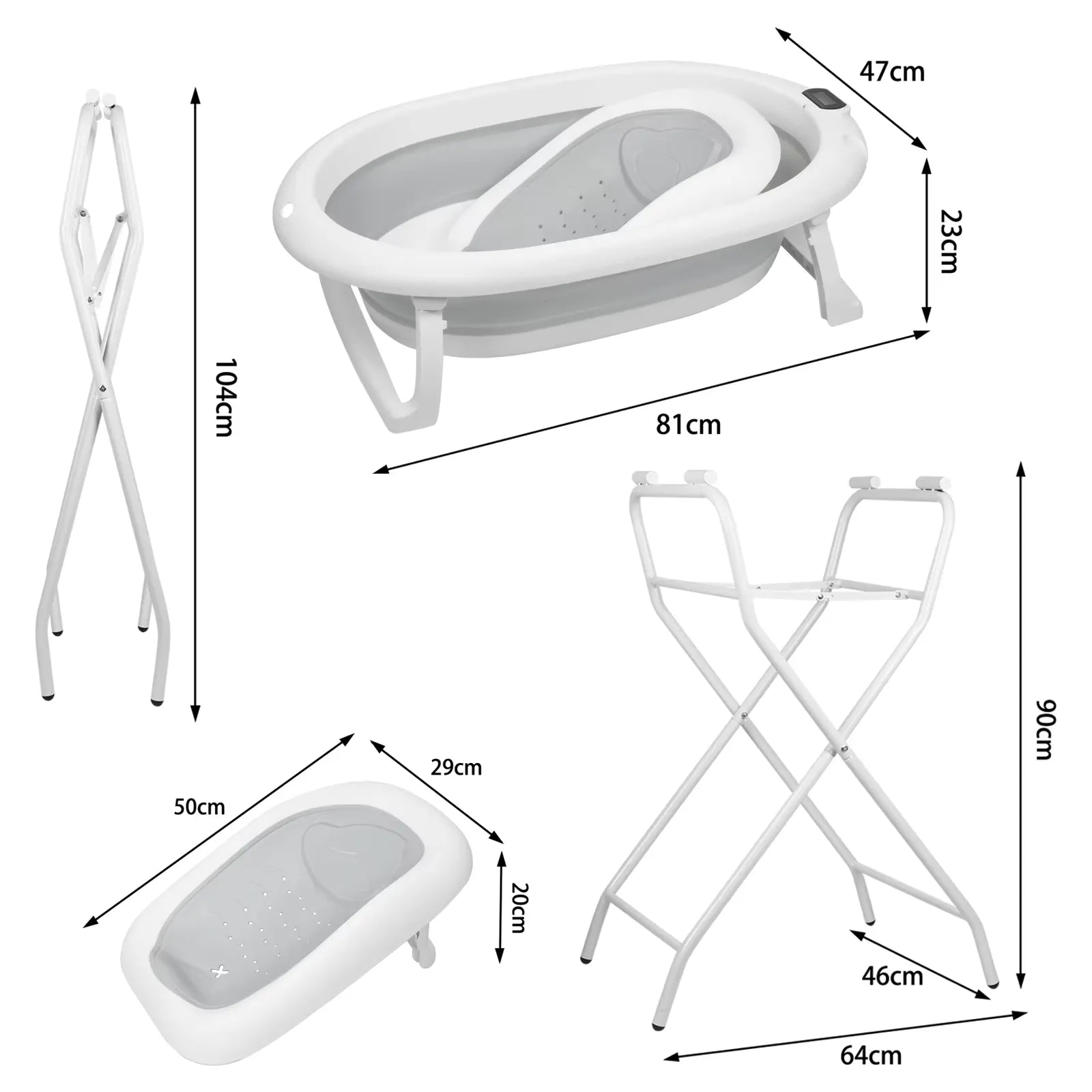 Dimensions de la baignoire bébé sur pied pliable et de son support