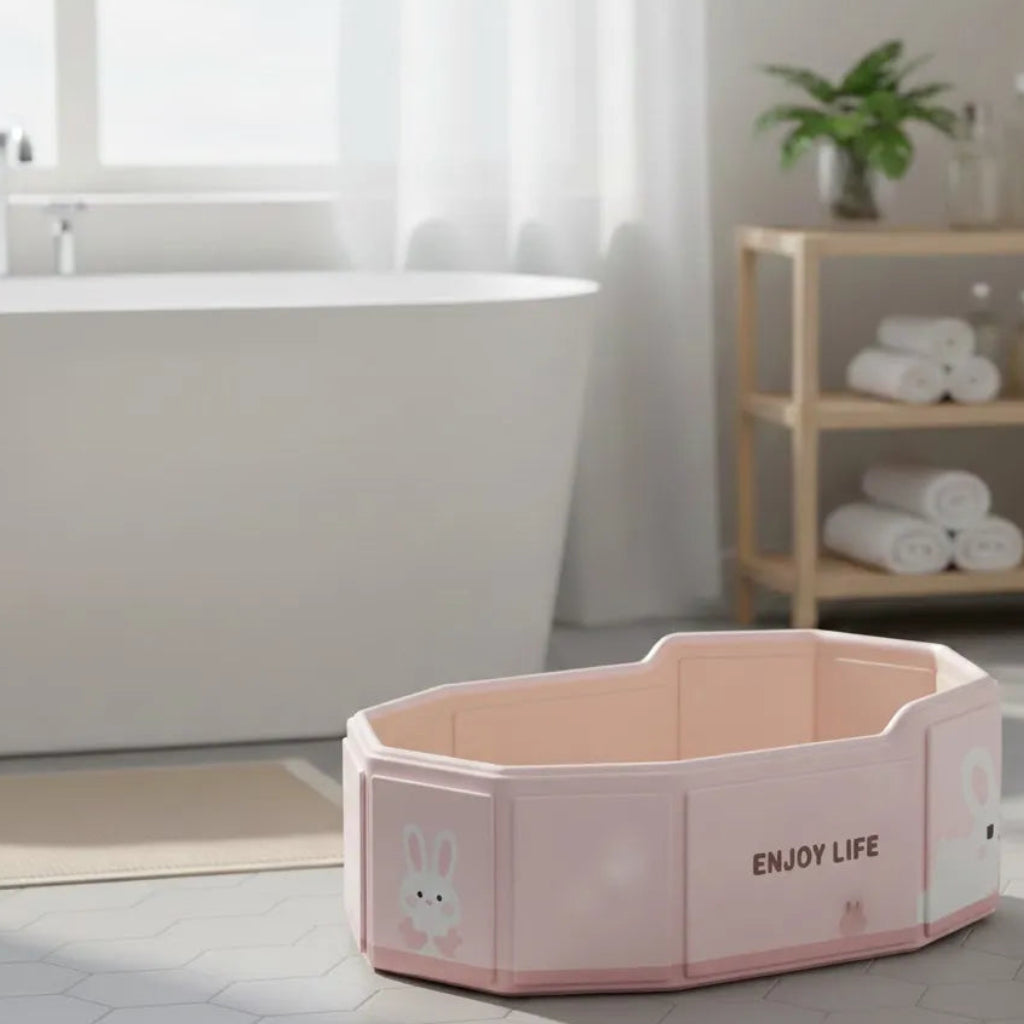 Grande baignoire bébé pliable design petit lapi rose  adaptée aux bébés et tout-petits