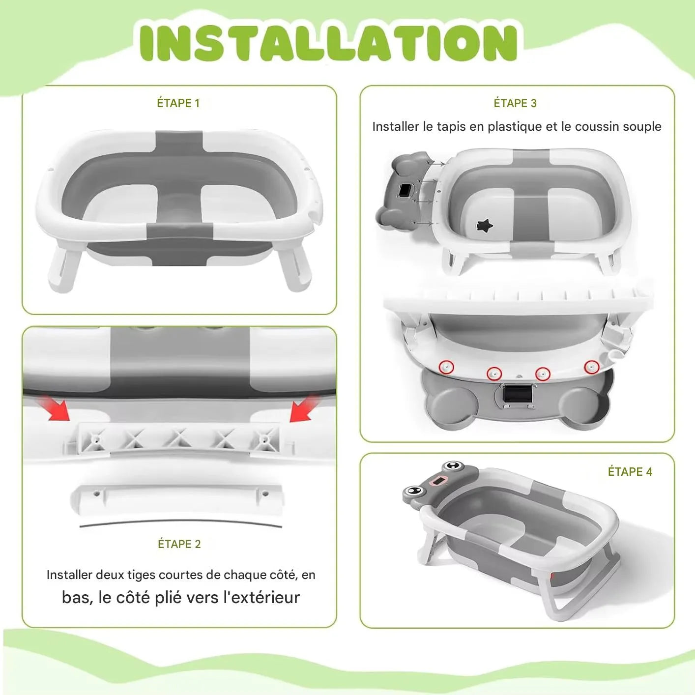 Installation étape par étape de la baignoire bébé pliable design grenouille