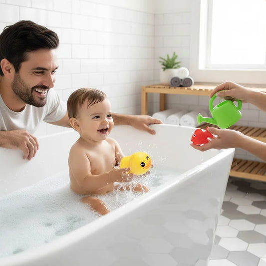 Jouet pour bain de bébé en forme de canard et aide à la flottaison. Avec papa et maman.
