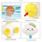 Détail ventouses fixation, bulbe aspiration eau et tête nuage jouet bain bébé