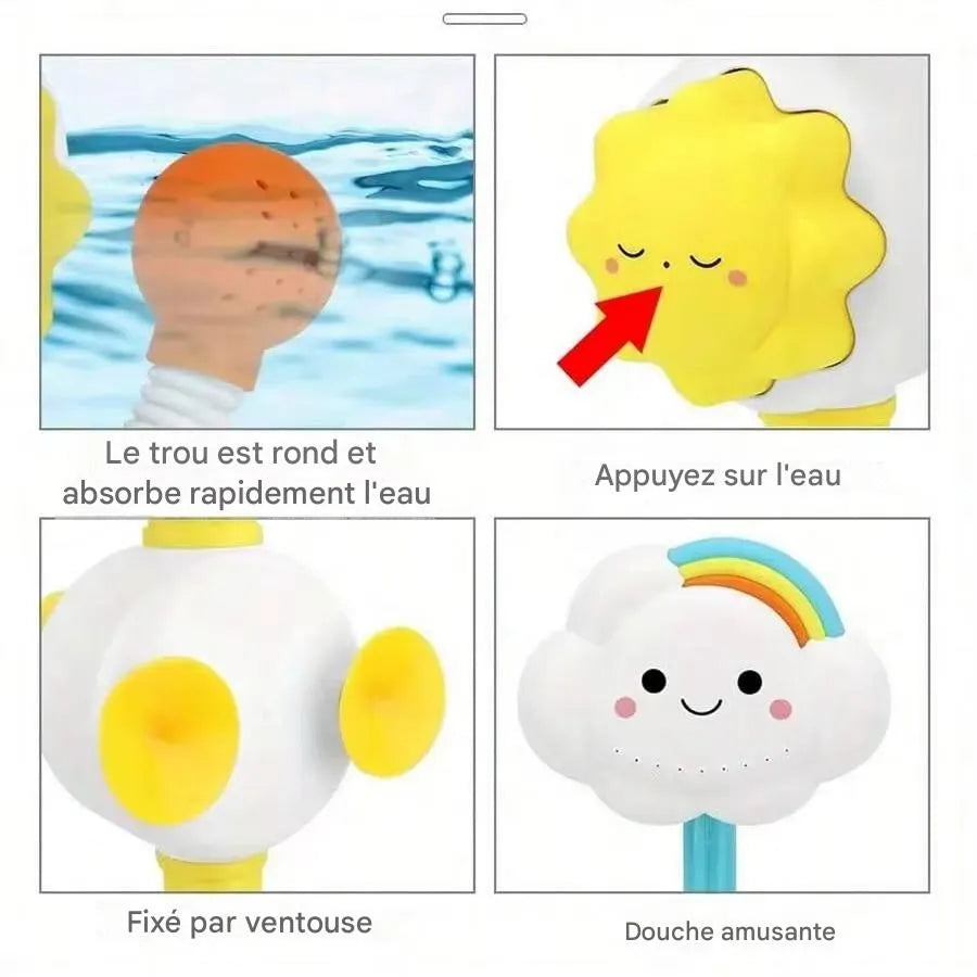 Détail ventouses fixation, bulbe aspiration eau et tête nuage jouet bain bébé